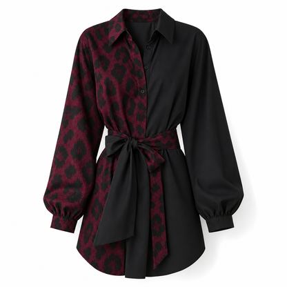Robe courte chemise à manches longues pour femme, à imprimé léopard, avec patchwork contrasté et ceinture