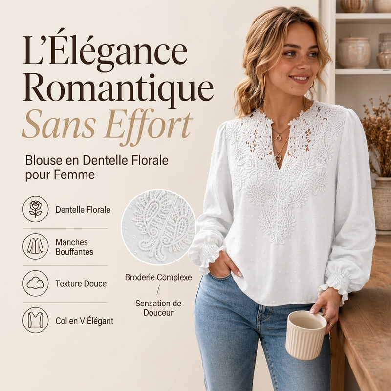 Haut à manches longues en dentelle avec col en V pour femme