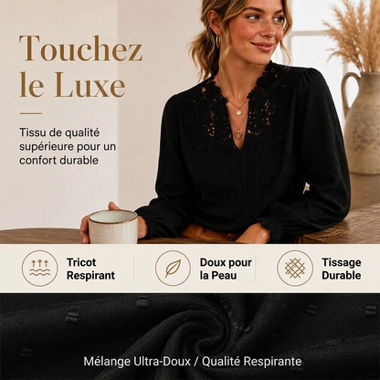 Haut à manches longues en dentelle avec col en V pour femme