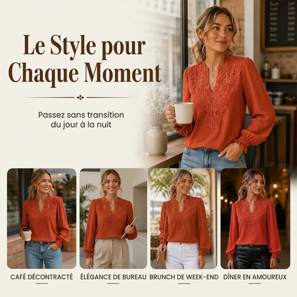 Haut à manches longues en dentelle avec col en V pour femme