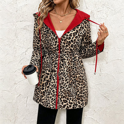 Veste à capuche réversible pour femme à imprimé léopard