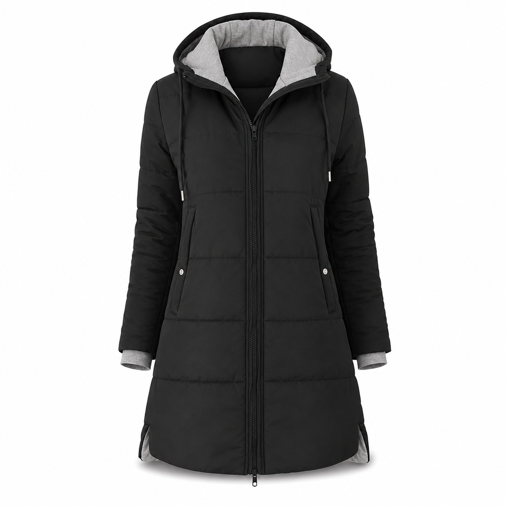 👜 -50 % sur toute la mode femme ! ✨Manteau matelé long à capuche et coupe slim, couleur unie, avec poches pour l'hiver
