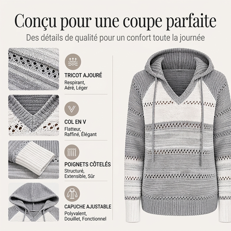 Sweet-capuche en maille ajourée et colorblock pour femme