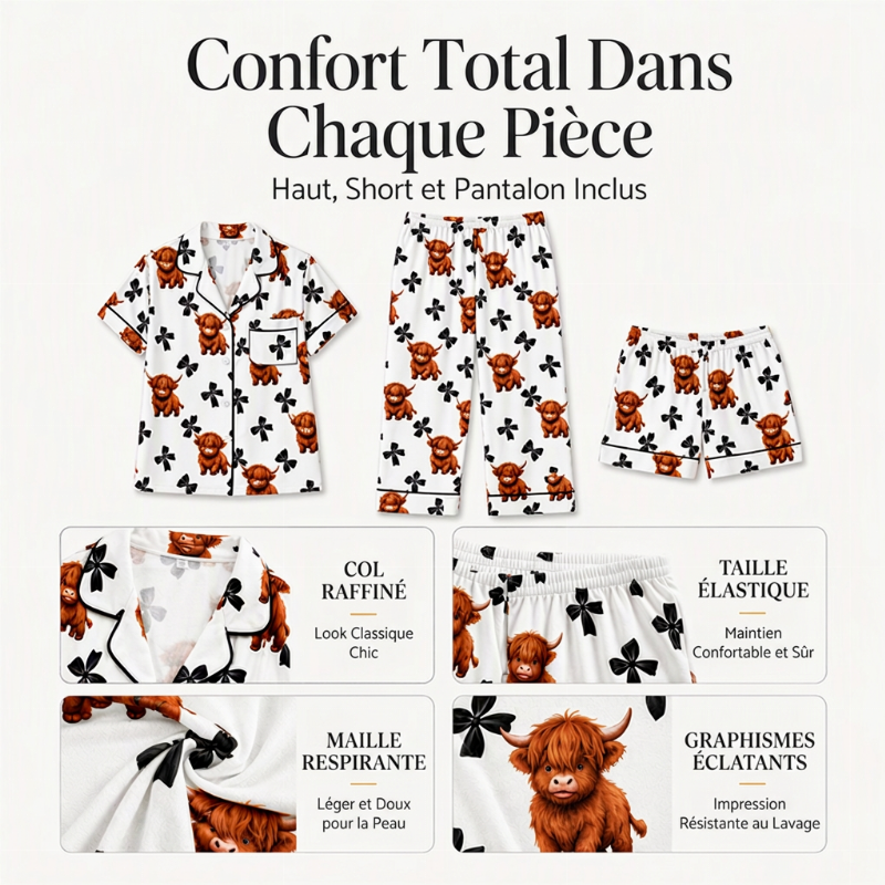 Ensemble de pyjama 3 pièces pour femme à motif vache Highland