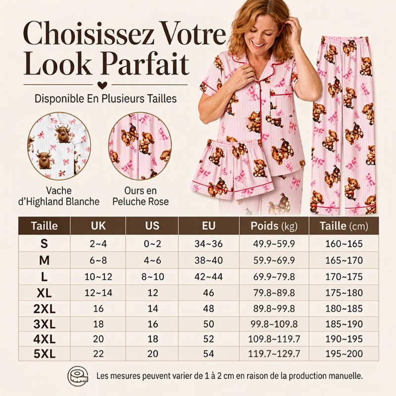 Ensemble de pyjama 3 pièces pour femme à motif vache Highland