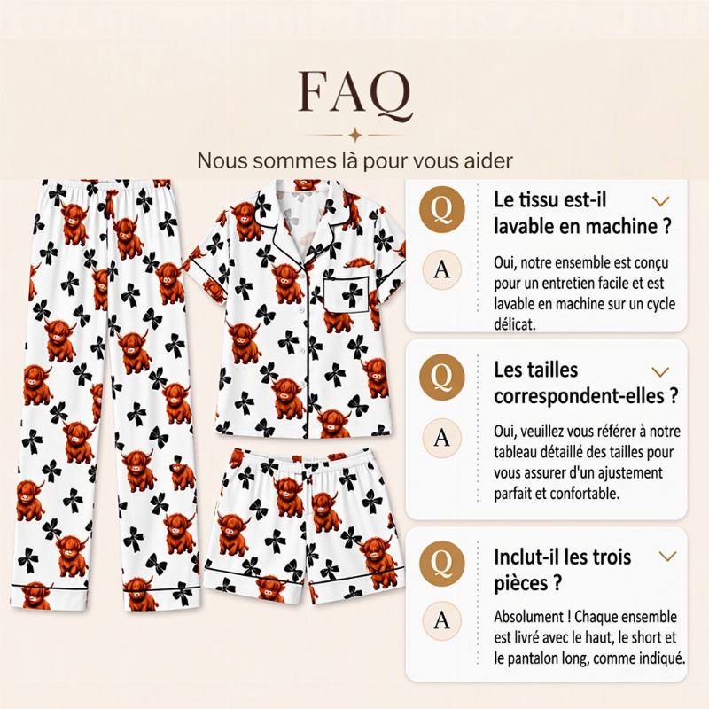 Ensemble de pyjama 3 pièces pour femme à motif vache Highland