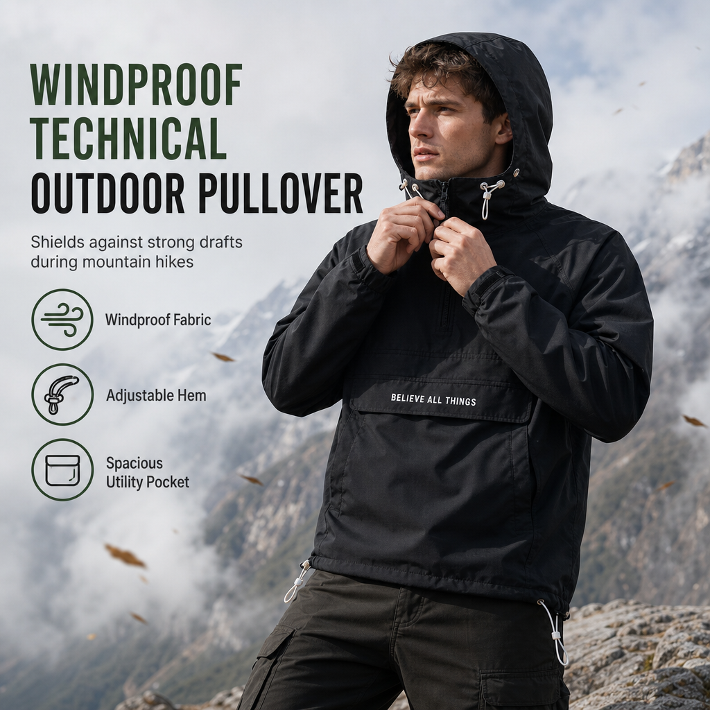 Veste coupe-vent de randonnée à capuche et multiples poches, pour l'extérieur