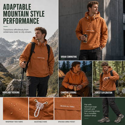 Veste coupe-vent de randonnée à capuche et multiples poches, pour l'extérieur