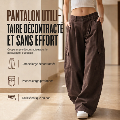 Pantalon cargo ample taille haute pour femme, jambes larges, poches utilitaires, coupe décontractée en mélange coton