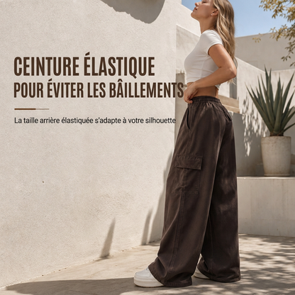 Pantalon cargo ample taille haute pour femme, jambes larges, poches utilitaires, coupe décontractée en mélange coton