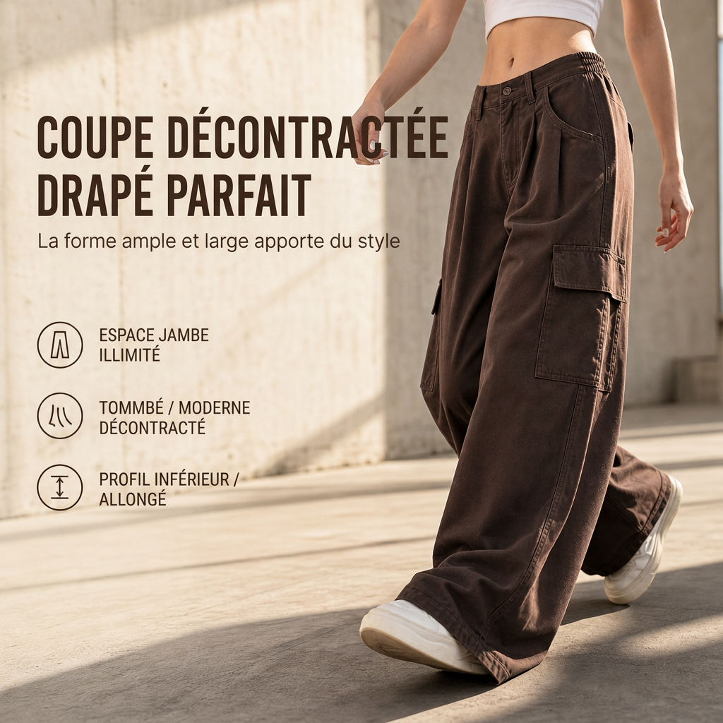 Pantalon cargo ample taille haute pour femme, jambes larges, poches utilitaires, coupe décontractée en mélange coton