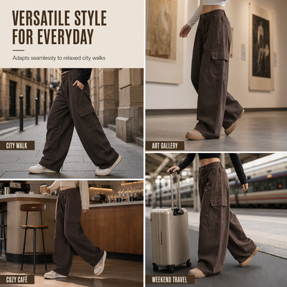 Pantalon cargo ample taille haute pour femme, jambes larges, poches utilitaires, coupe décontractée en mélange coton