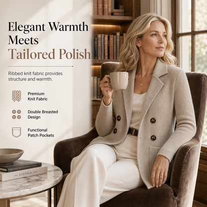 Cardigan en maille côtelée à double boutonnage pour femme, avec poches et revers cranté
