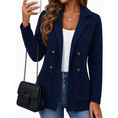 Cardigan en maille côtelée à double boutonnage pour femme, avec poches et revers cranté