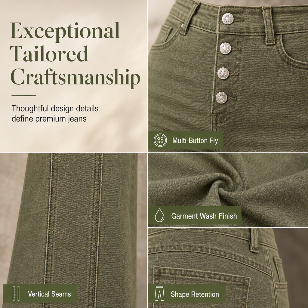 Jean évasé à taille haute et boutons multiples pour femme, vert olive, avec coutures verticales sur le devant