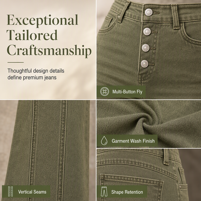 Jean évasé à taille haute et boutons multiples pour femme, vert olive, avec coutures verticales sur le devant