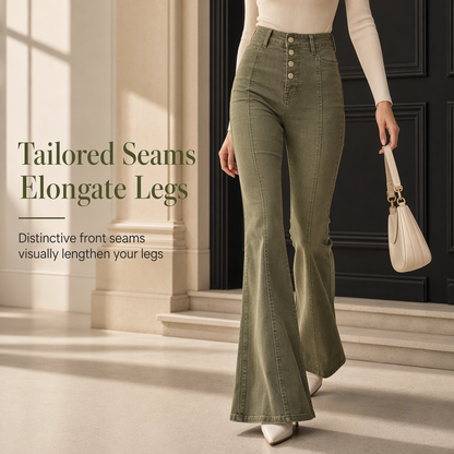 Jean évasé à taille haute et boutons multiples pour femme, vert olive, avec coutures verticales sur le devant