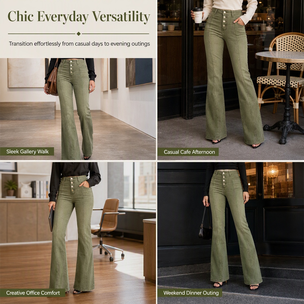 Jean évasé à taille haute et boutons multiples pour femme, vert olive, avec coutures verticales sur le devant