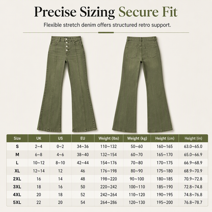 Jean évasé à taille haute et boutons multiples pour femme, vert olive, avec coutures verticales sur le devant