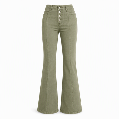 Jean évasé à taille haute et boutons multiples pour femme, vert olive, avec coutures verticales sur le devant