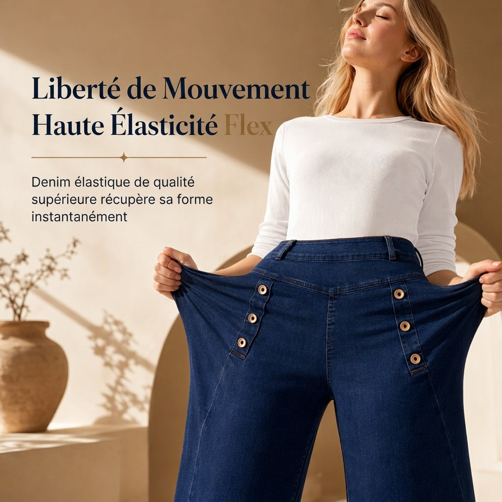 Jeans en denim stretch à taille haute et jambe large avec boutons décoratifs