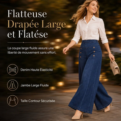Jeans en denim stretch à taille haute et jambe large avec boutons décoratifs