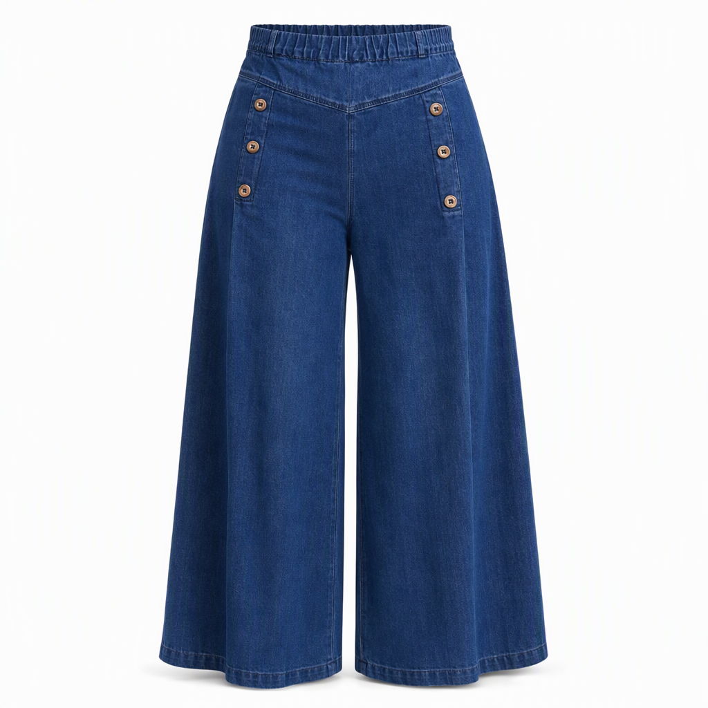 Jeans en denim stretch à taille haute et jambe large avec boutons décoratifs