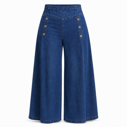 Jeans en denim stretch à taille haute et jambe large avec boutons décoratifs