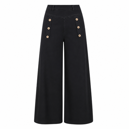 Jeans en denim stretch à taille haute et jambe large avec boutons décoratifs