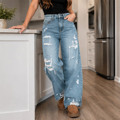 Pantalon en jean large et déchiré élégant pour femme