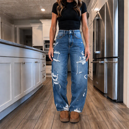 Pantalon en jean large et déchiré élégant pour femme