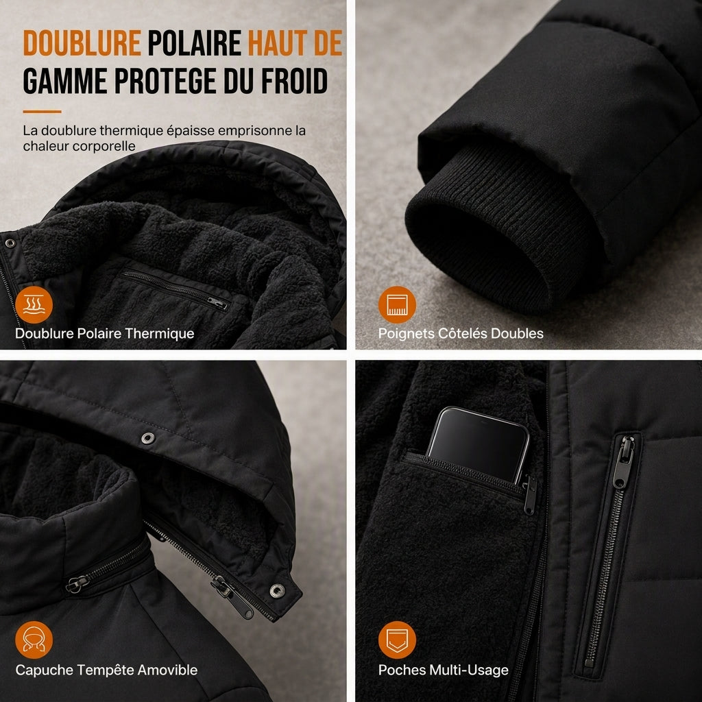 Manteau d'hiver pour homme doublé polaire avec capuche amovible