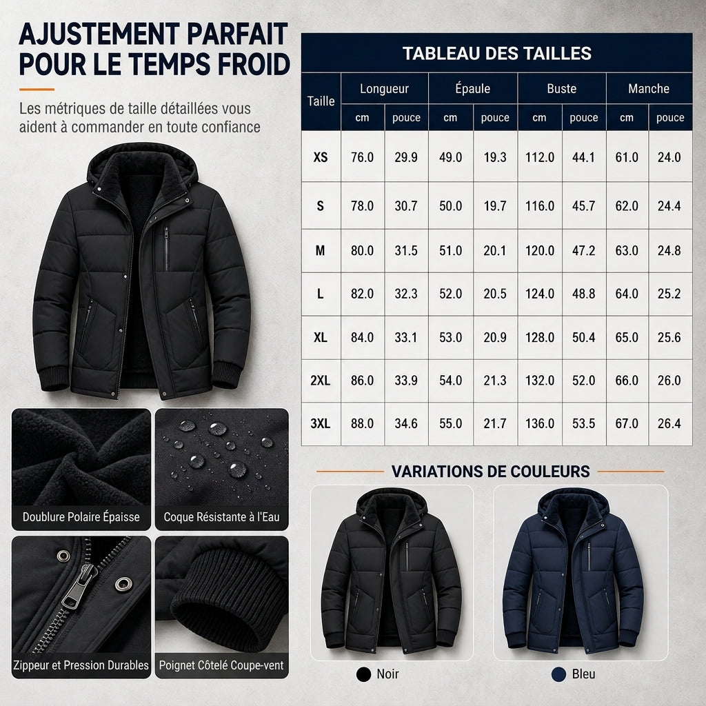 Manteau d'hiver pour homme doublé polaire avec capuche amovible