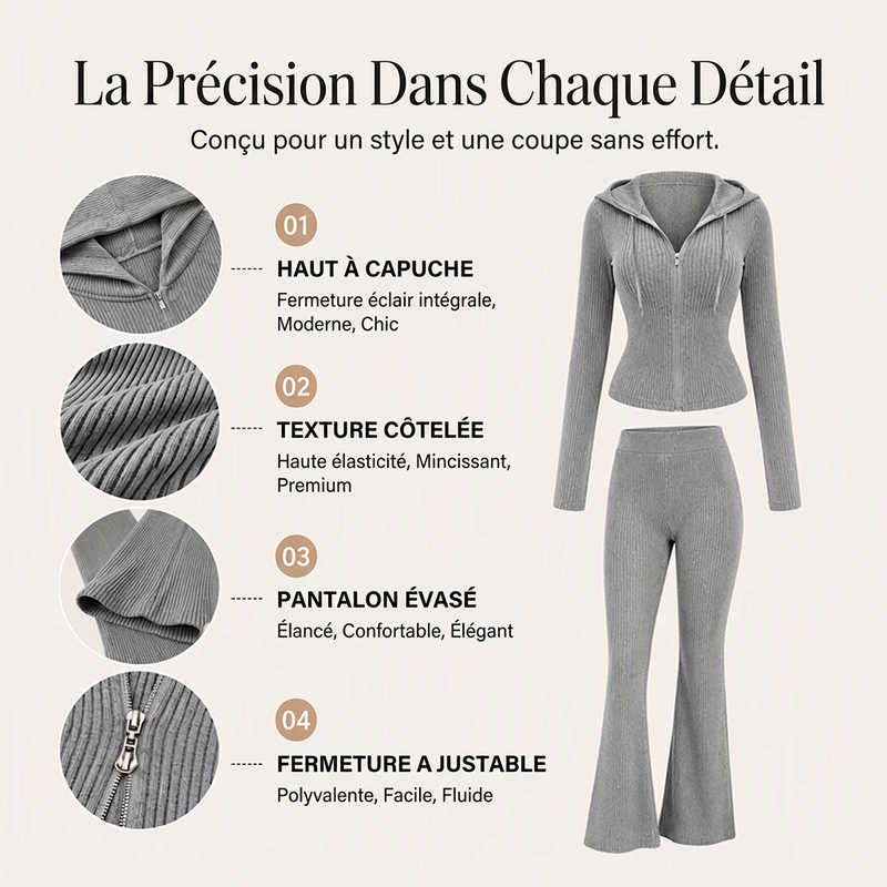 Ensemble veste à capuche zippée côtelée et pantalon évasé pour femme