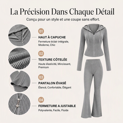 Ensemble veste à capuche zippée côtelée et pantalon évasé pour femme