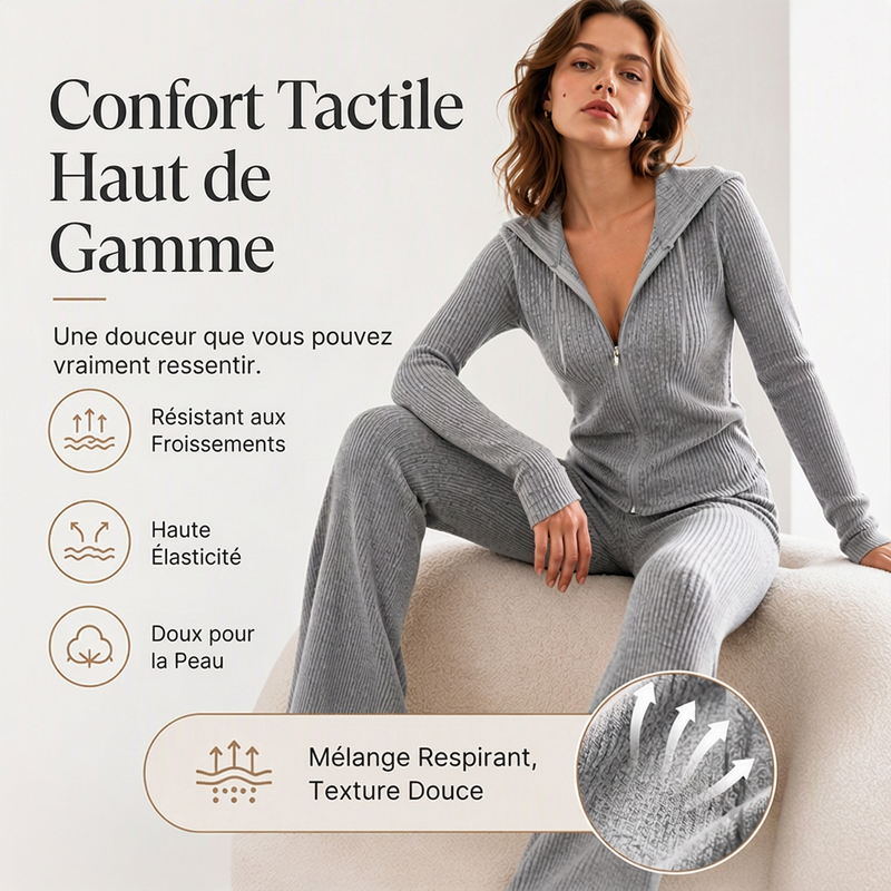 Ensemble veste à capuche zippée côtelée et pantalon évasé pour femme