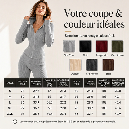 Ensemble veste à capuche zippée côtelée et pantalon évasé pour femme