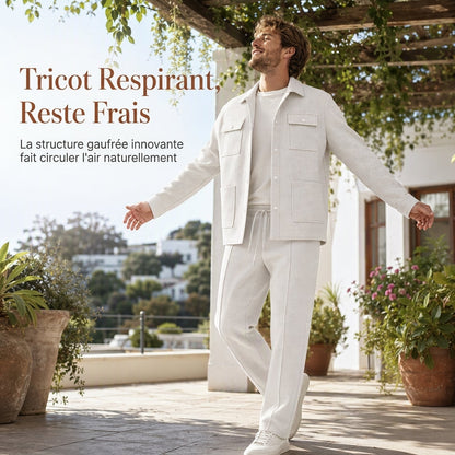Ensemble veste et pantalon décontracté en maille gaufrée pour homme