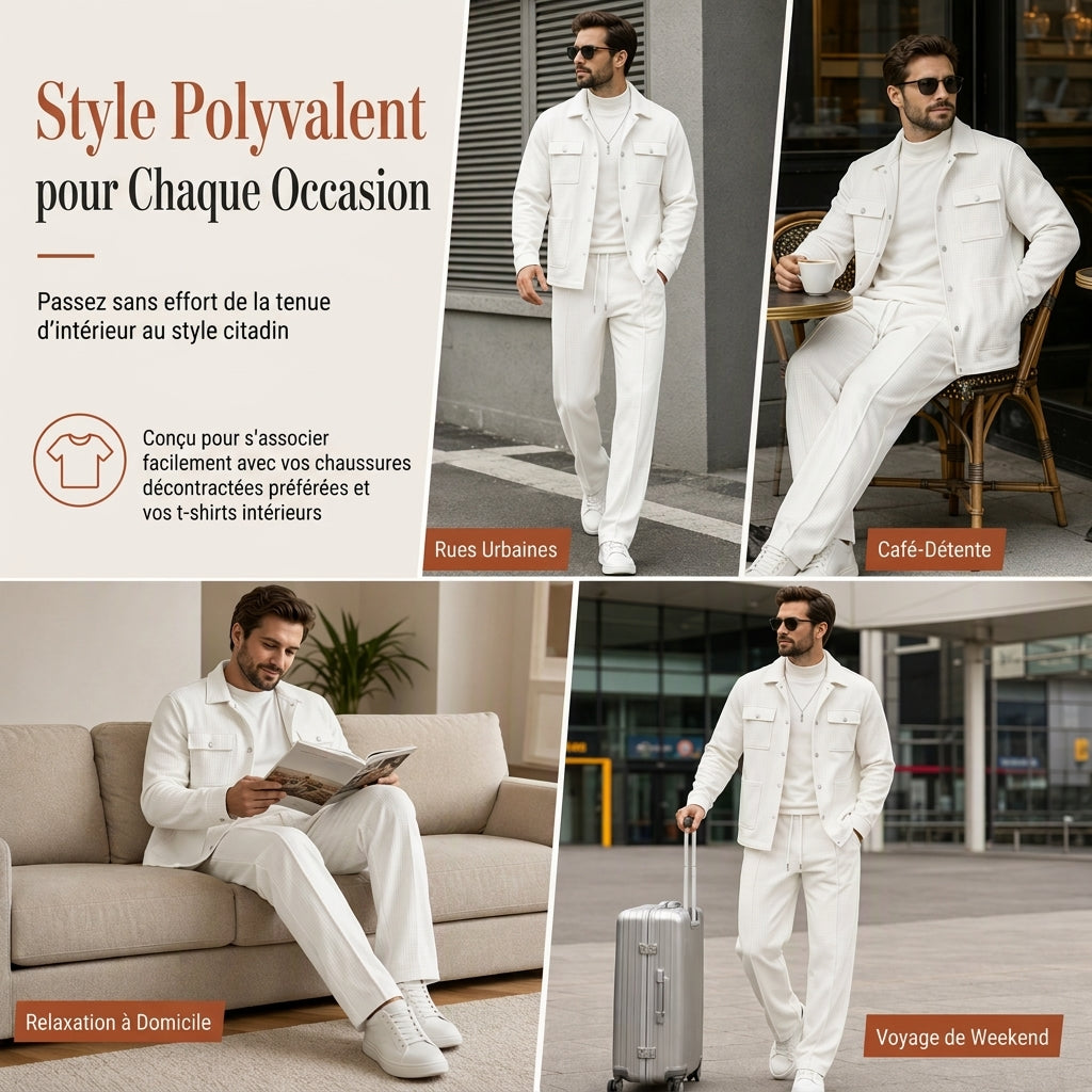 Ensemble veste et pantalon décontracté en maille gaufrée pour homme