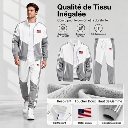 Ensemble Veste Zippée à Bloc de Couleurs et Pantalon à Cordon de Serrage pour Homme
