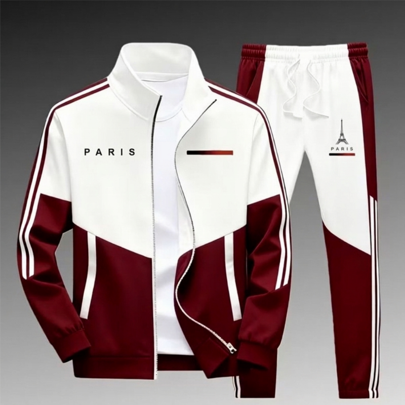 Ensemble Veste Zippée à Bloc de Couleurs et Pantalon à Cordon de Serrage pour Homme