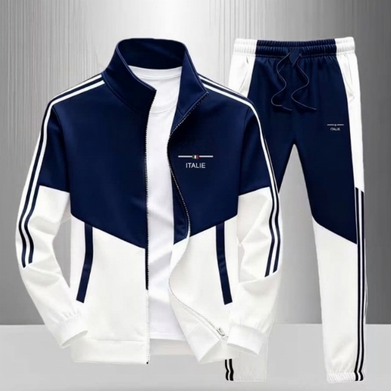 Ensemble Veste Zippée à Bloc de Couleurs et Pantalon à Cordon de Serrage pour Homme