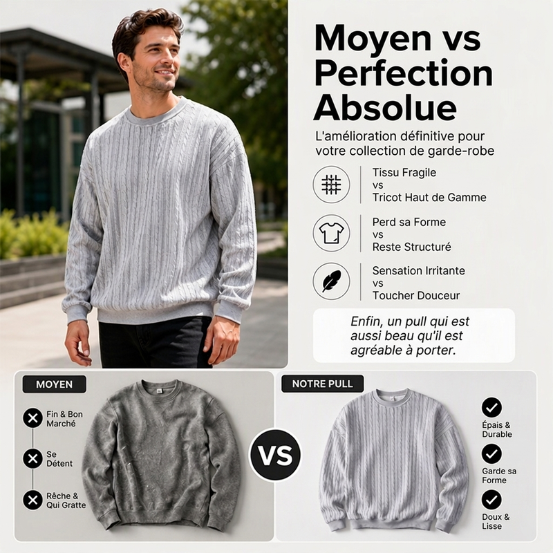 Pull en maille torsadée à col rond pour homme