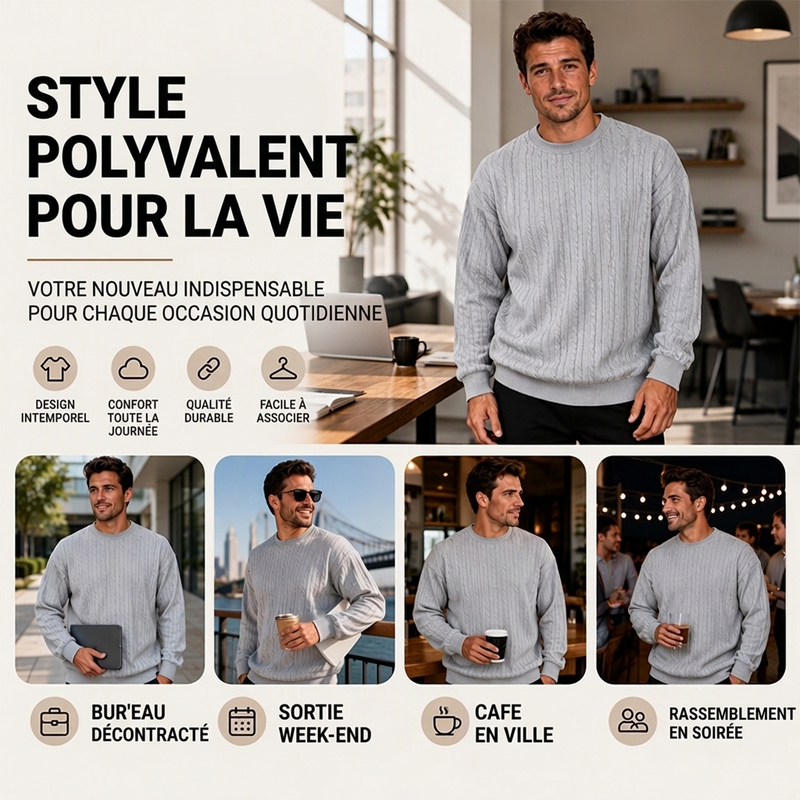 Pull en maille torsadée à col rond pour homme