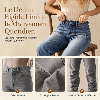 Jeans en denim vintage stretch pour femme, jambe droite, avec poches plaquées usées et ourlet effiloché brut