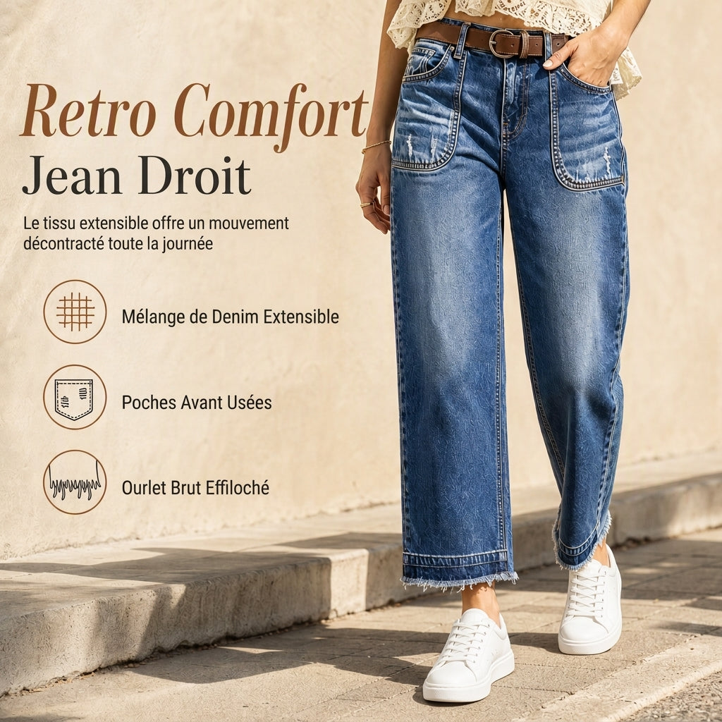 Jeans en denim vintage stretch pour femme, jambe droite, avec poches plaquées usées et ourlet effiloché brut