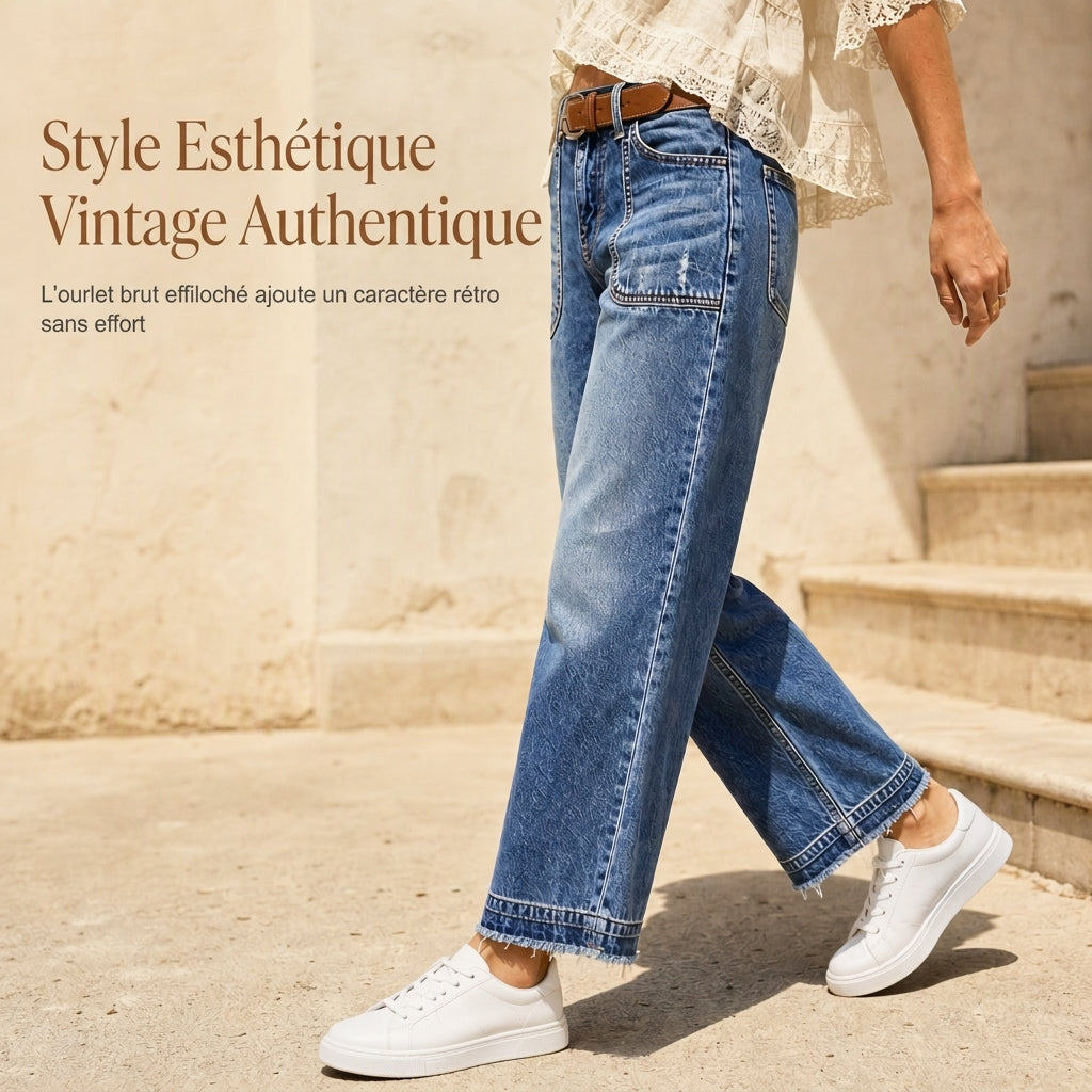 Jeans en denim vintage stretch pour femme, jambe droite, avec poches plaquées usées et ourlet effiloché brut