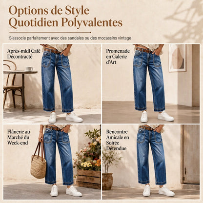 Jeans en denim vintage stretch pour femme, jambe droite, avec poches plaquées usées et ourlet effiloché brut