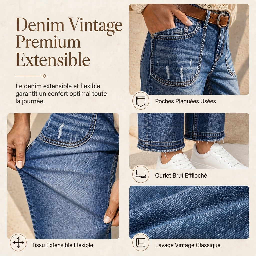Jeans en denim vintage stretch pour femme, jambe droite, avec poches plaquées usées et ourlet effiloché brut