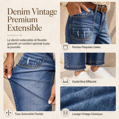 Jeans en denim vintage stretch pour femme, jambe droite, avec poches plaquées usées et ourlet effiloché brut